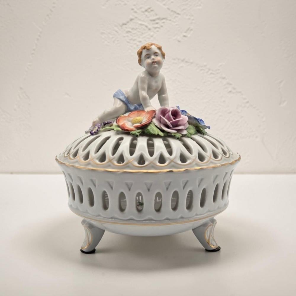 Vintage Von Schierholz Covered Potpourri Dish Reticulated Porcelain With Cherub